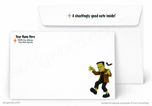A printed envelope set shown on a white background, with the front of one envelope visible and the back flap of another behind it. The front has a cartoon Frankenstein character and placeholder address text, and the flap reads 'A shockingly good note inside!'.