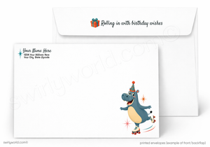 A printed birthday envelope set shown on a white background, with a front envelope featuring a small gift icon and the phrase 'Rolling in with birthday wishes,' and a matching back flap area with placeholder address text and a cartoon hippo roller skate illustration.