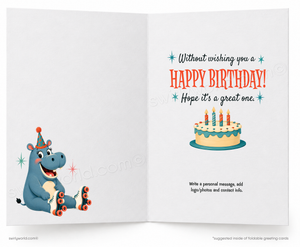 An open greeting card shown front and back on a white background. The left panel features a cartoon hippo wearing a party hat and roller skates, while the right panel has a birthday message with a small cake illustration and placeholder text for personalization.