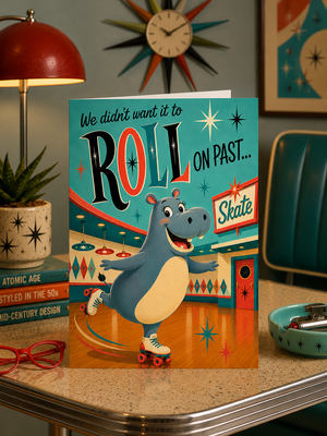 A retro-themed greeting card featuring a cartoon hippo roller skate on a rink, displayed on a vintage-style table with a lamp, plant, and retro decor in the background.