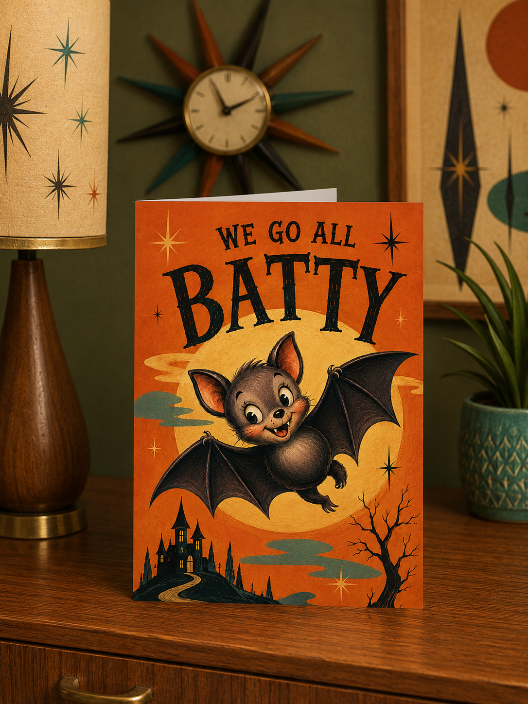 A folded greeting card shown front-on against a white background. The card features a Halloween illustration with the text 'WE GO ALL BATTY' above a cute bat flying in front of a large yellow moon, with a haunted house, bare tree, and orange sky.