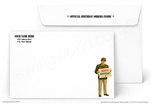 White printed birthday envelopes shown on a white background, with one envelope displaying the inside flap text 'OFFICIAL BIRTHDAY ORDERS INSIDE' and the other showing a printed front design with placeholder address text and a small birthday card holder illustration.