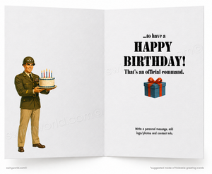An open folding greeting card shown against a white background. The left panel features a vintage-style illustration of a soldier in olive green uniform holding a birthday cake with lit candles.