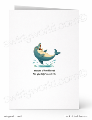 A folded white greeting card shown front and back on a white background. The front has a small cartoon blue-gray dolphin jumping with an open mouth, and the back has placeholder text reading 'Backside of foldable card' and 'Add your logo/contact info'.