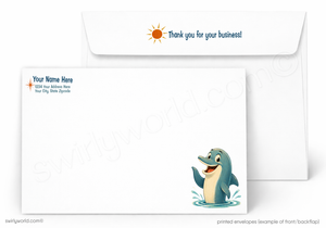 A printed white envelope set shown on a light gray background. The front envelope has a cartoon dolphin illustration at the lower right and placeholder text on the upper left.