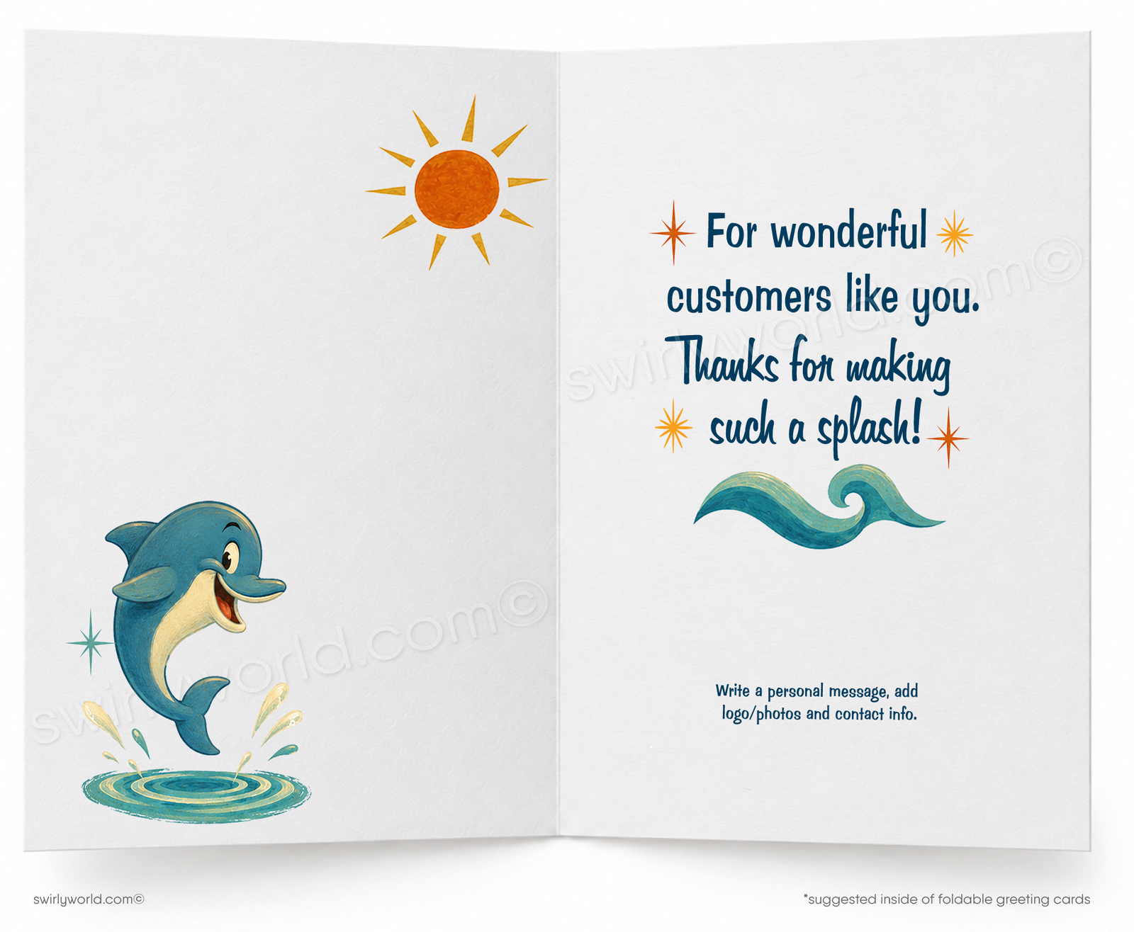A folded greeting card shown front-on against a white background. The card features a retro-style illustration of a smiling blue dolphin rising from water with the text 'We Really FLIP!' in large navy lettering.