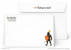 A printed stationery set showing the front and back of a white envelope and matching letterhead card. The front has a small knight illustration holding an orange shield in the lower right corner, and the back has placeholder text for name, address, and city/zip.
