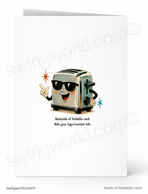 A folded greeting card shown front and back on a white background. The front features a cartoon toaster wearing sunglasses with small star accents and the text 'Backside of foldable card Add your logo/context info'.