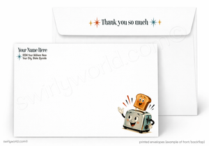 A printed stationery set showing a white envelope with the phrase 'Thank you so much' and sparkles on the flap, and a matching white card with placeholder address text and a cartoon toaster character on the lower right.