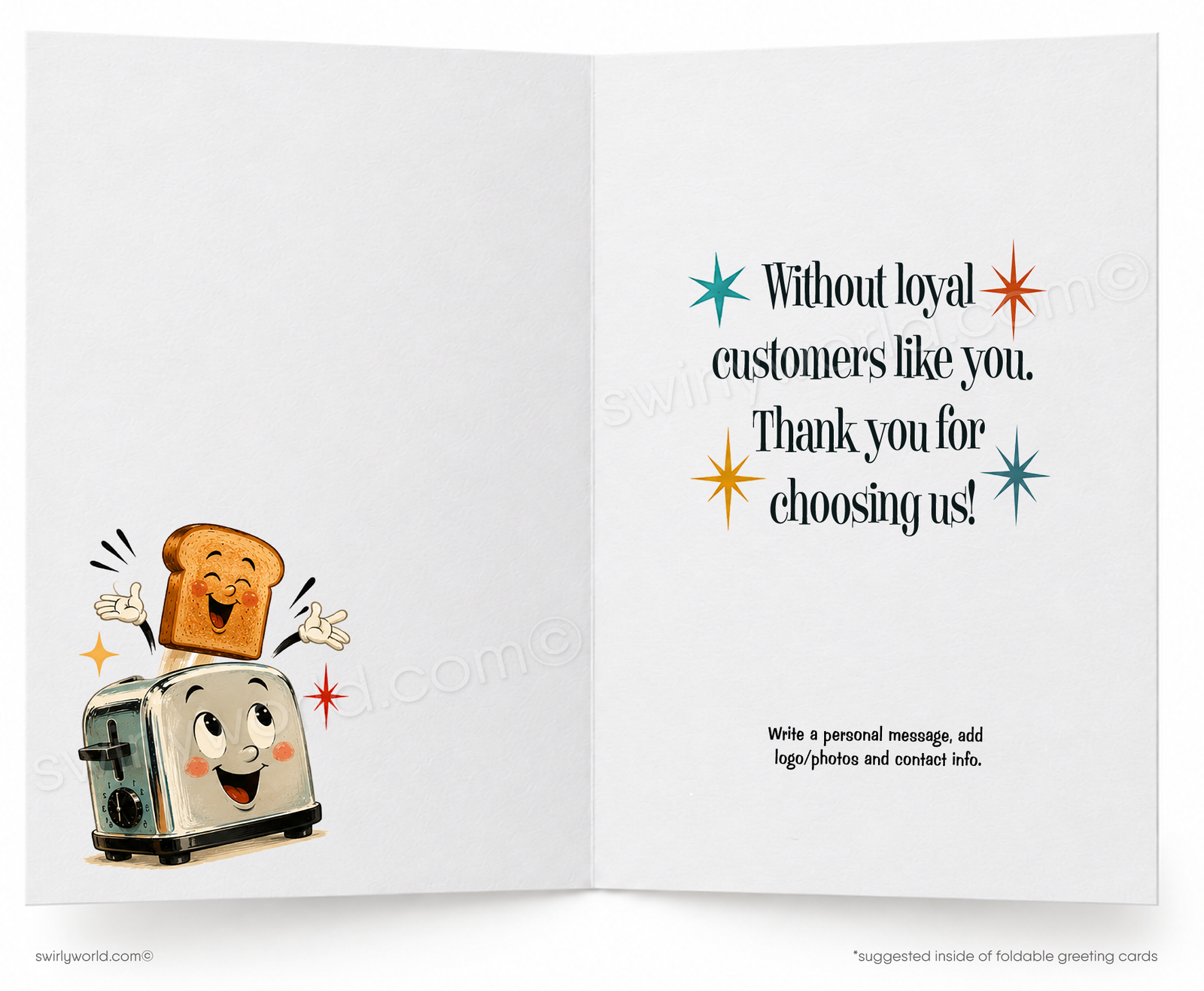 A folded greeting card shown front-on against a white background. The card features a retro illustration of a smiling toaster with a slice of toast popping out, with the text 'We would be TOAST' in large red letters on a teal and cream background.