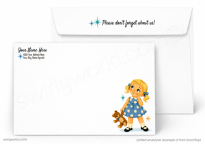 A printed white envelope set shown on a light gray background. The front envelope has a cartoon illustration of a blonde girl in a blue polka-dot dress holding a brown teddy bear, with small blue sparkle accents.