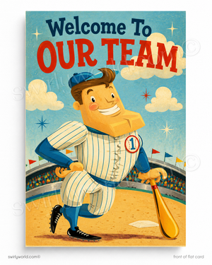 Vintage-style poster with a baseball player and 'Welcome To Our Team' text.