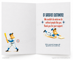 Open card with cartoon baseball player and text thanking satisfied customers.