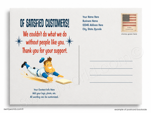 Postcard with cartoon character and text on a white background