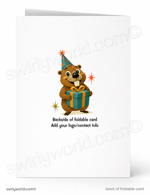 A folded white card shown front and back on a white background. The front features a cartoon beaver wearing a party hat and holding a teal gift box with yellow ribbon, plus small star accents.