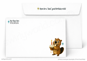 A printed birthday greeting envelope set shown on a white background. The front envelope is blank with a small custom name placeholder and decorative text, while the back or flap envelope has the message 'Open for a "dam" good birthday wish!' printed inside.