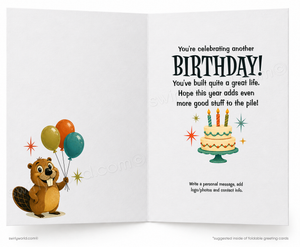 An open folding greeting card with a white background, featuring a cartoon beaver holding balloons on the left and a birthday cake with candles and celebratory text on the right.