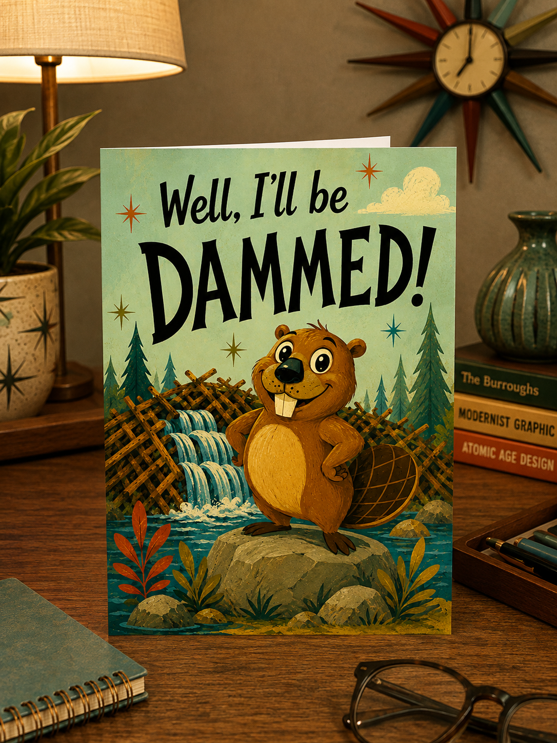 A folded greeting card shown front-facing on a white background. The card features a cartoon beaver standing on a rock by a waterfall and river, with the text 'Well, I'll be DAMMED!' in large black letters.