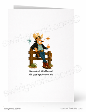 A white foldable greeting card shown front and back on a white background. The front features a cartoon cowboy sitting on a wooden fence with stars and the text 'Backside of foldable card Add your logo/contact info'.