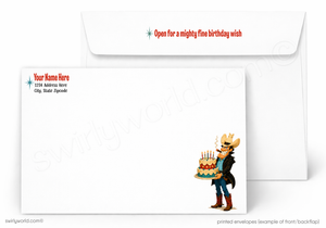 A printed birthday invitation envelope set shown on a white background. The front envelope is blank with sample text fields and a small cowboy illustration holding a birthday cake at the lower right.