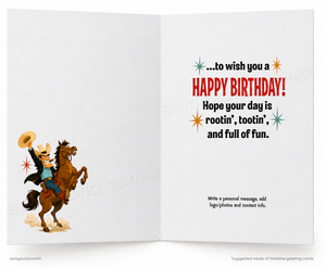 An open folding greeting card shown front and back. The left panel features a cowboy riding a brown horse with a yellow starburst and the text 'HAPPY BIRTHDAY!' in red and black.