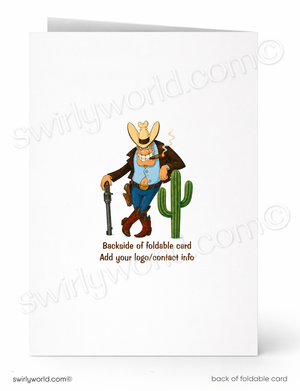 A folded white card shown front and back on a white background. The front has a cartoon cowboy standing next to a green cactus with the text 'Backside of foldable card Add your logo/contact info'.