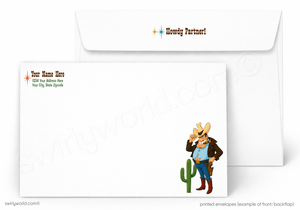 A white stationery set showing the front and back of a printed envelope. The front has a cowboy and cactus illustration in the lower right, and the back has placeholder text.