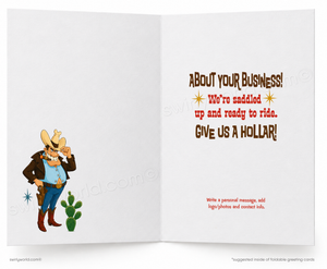 A folded greeting card shown open, with a western-themed cartoon cowboy and cactus on the left panel and placeholder text on the right panel reading 'ABOUT YOUR BUSINESS! We're saddled up and ready to ride. GIVE US A HOLLAR!' on a white background.