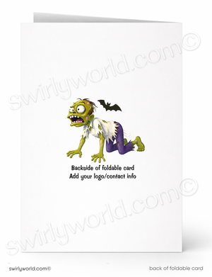 A folded white greeting card shown front and back on a white background. The front features a cartoon green zombie crawling with a black bat above and the text 'Backside of foldable card Add your logo/contact info'.