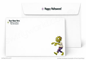 Custom printed Halloween envelopes shown on a white background, with one envelope displaying 'Happy Halloween!' and the other showing a cartoon zombie illustration and placeholder address text.