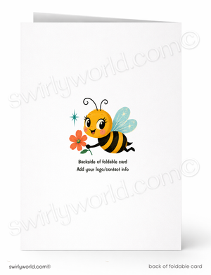 A white foldable greeting card shown front and back on a white background. The front features a cute cartoon bee holding an orange flower, and the back has placeholder text reading 'Backside of foldable card' and 'Add your logo/contact info'.