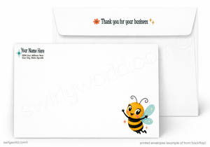 A printed white envelope set shown on a light gray background. The front envelope has a cartoon bee illustration in the lower right corner and sample text on the upper left.