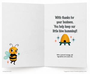 An open greeting card with a white background. The left panel shows a cute cartoon bee near the bottom left.