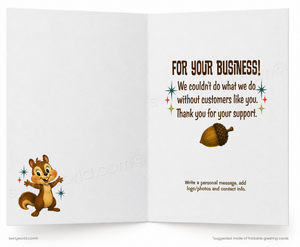 Open card with cartoon chipmunk and acorn, thanking customers for their business.
