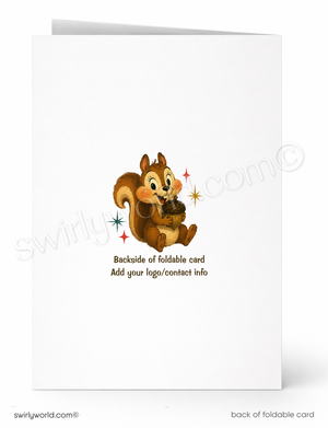 Backside of a foldable card with a cartoon squirrel design and text space for branding.