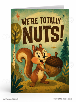 Thank you greeting card with a cartoon squirrel holding an acorn and text 'We're Totally Nuts!' in a forest setting.