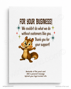 Cartoon chipmunk on a white card with text thanking customers for their support.