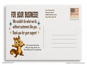Postcard with cartoon chipmunk and text thanking customers for support, with space for customization.