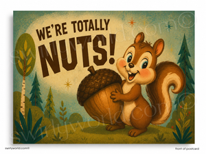 Cartoon squirrel holding an acorn with 'We're Totally Nuts!' text in a forest setting