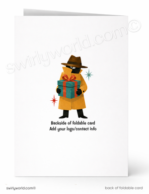 A foldable greeting card shown front and back on a white background. The front features a minimalist illustration of a black cat dressed as a detective in a yellow trench coat and brown hat, holding a teal gift box with a red bow.
