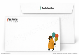 A white printed envelope set shown on a light gray background. The front envelope has a small illustrated figure in a yellow coat holding balloons in the lower right, and the back envelope has placeholder text and a small starburst icon.