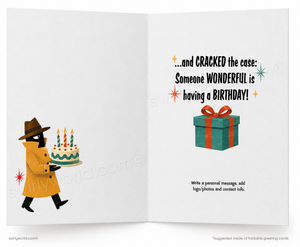 An open folding greeting card shown front and back. The left panel features a stylized figure in a yellow coat and hat carrying a birthday cake, while the right panel reads, '.