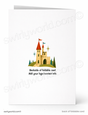 A folded white card shown front and back on a white background. The front has a small colorful castle illustration with text below reading 'Backside of foldable card.