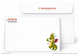 A white printed envelope set shown on a light gray background. The front envelope has a small green dragon illustration in the lower right corner and placeholder text on the left.