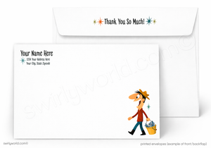 Stationery set with a character holding a basket and 'Thank You So Much!' text on an envelope.