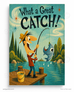 Illustration of a cartoon character fishing with a large fish and text 'What a Great Catch!' on a scenic background.