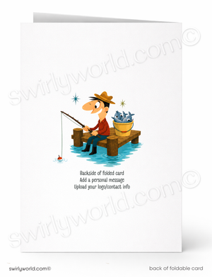 Illustration of a cartoon fisherman on a card with 'swirlyworld.com' branding.