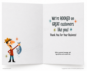 Open card with cartoon character holding a fish and text about great customers.