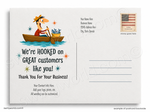 Promotional postcard with a cartoon fisherman and text on a white background