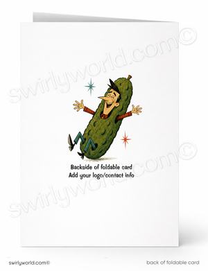 A folded greeting card shown front and back on a white background. The front features a cartoon illustration of a person stretching inside a pickle, with the text 'Backside of foldable card Add your logo/contact info' below.